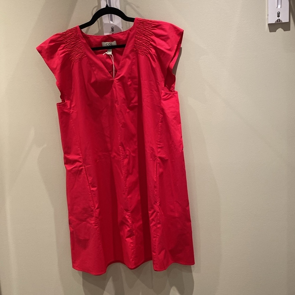 COS Smocked V-Neck Mini Dress Fuchsia Pink Size 10